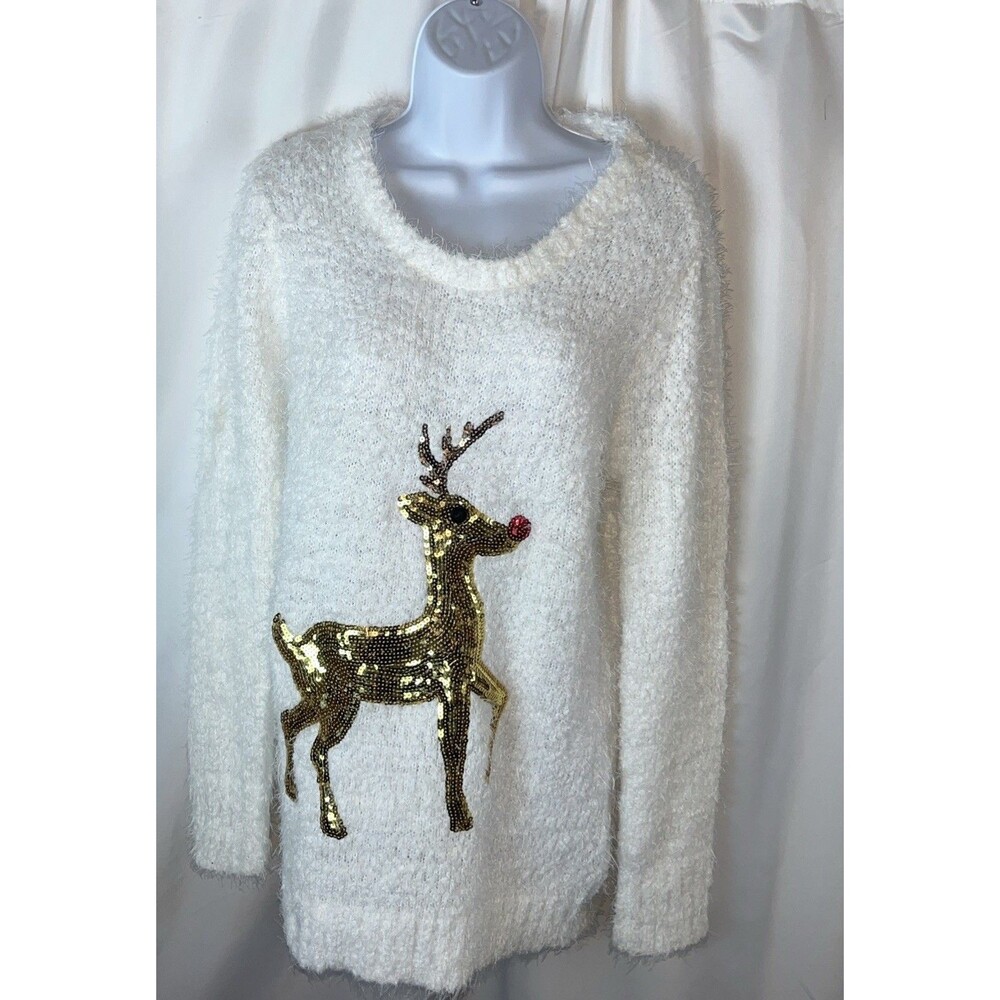 Joyland Fuzzy White Pullover Women’s Christmas Sweater Size L Sequined Reindeer
